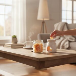 Orange scented wax melts in a reusable glass jar